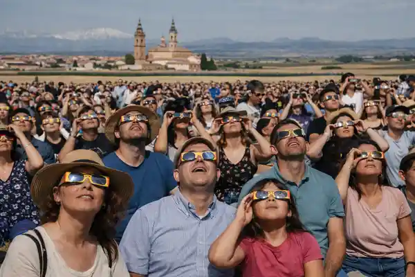 Foule portant des lunettes d’éclipse observant une éclipse solaire en Espagne, avec un paysage de clocher d’église en arrière-plan.