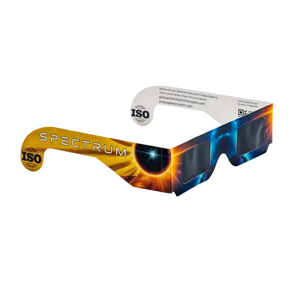 Angled view of Spectrum eclipse glasses showing ISO Certification logo and protective solar filters.